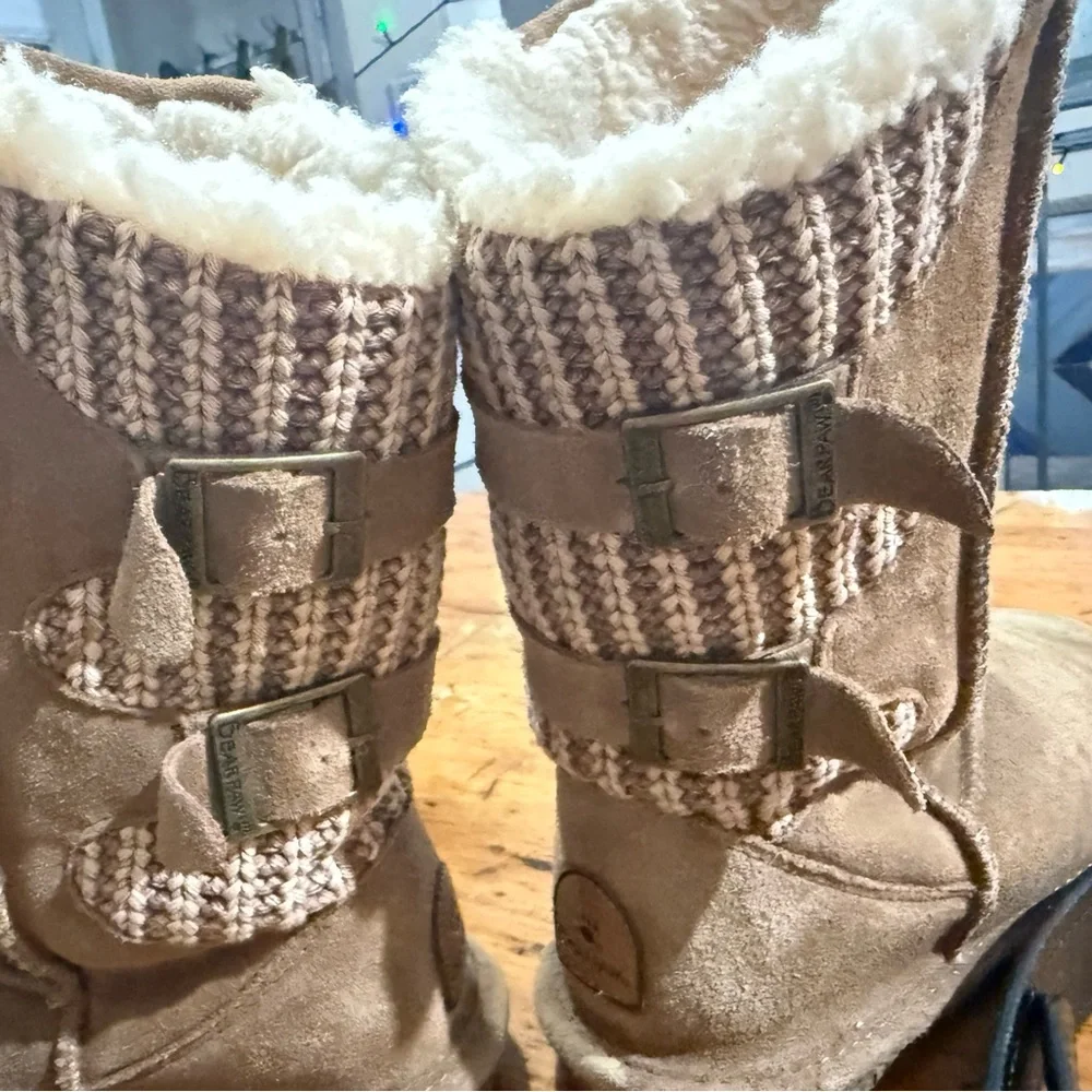 Bearpaw Boshie boots chestnut distressed suede knit back and buckle accents.